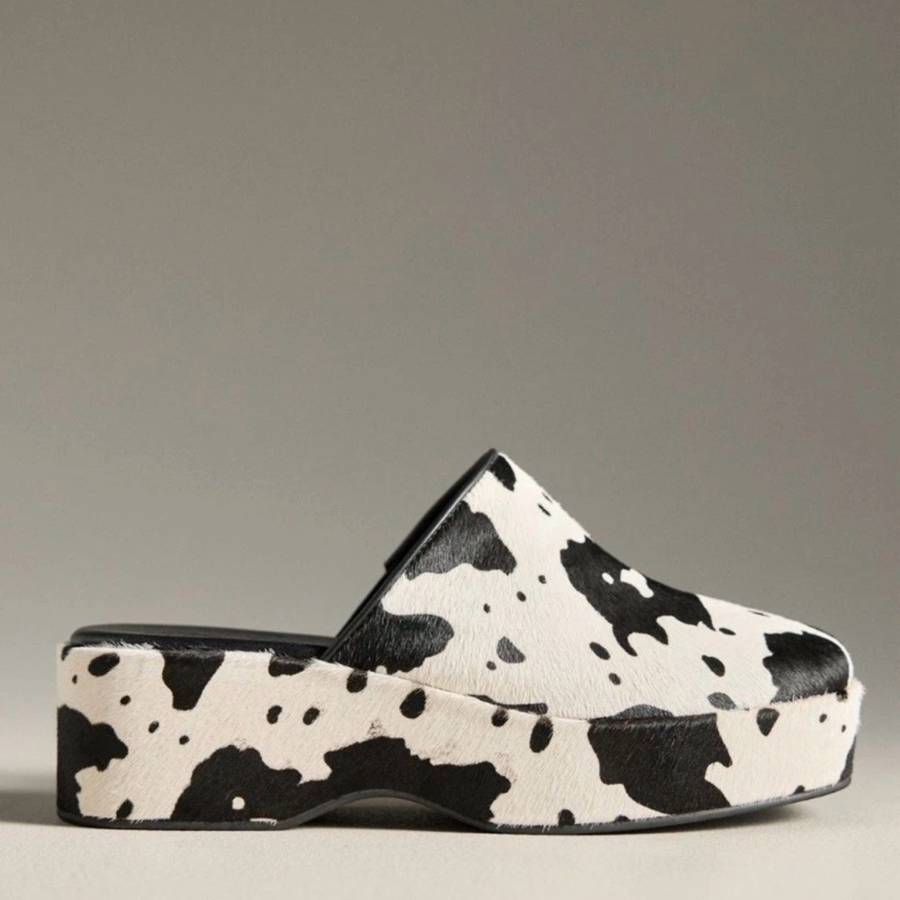 Anthropologie Lisa Says Gah Dakota Platform Clog Black White Cow Faux Hair - Picture 8 of 9